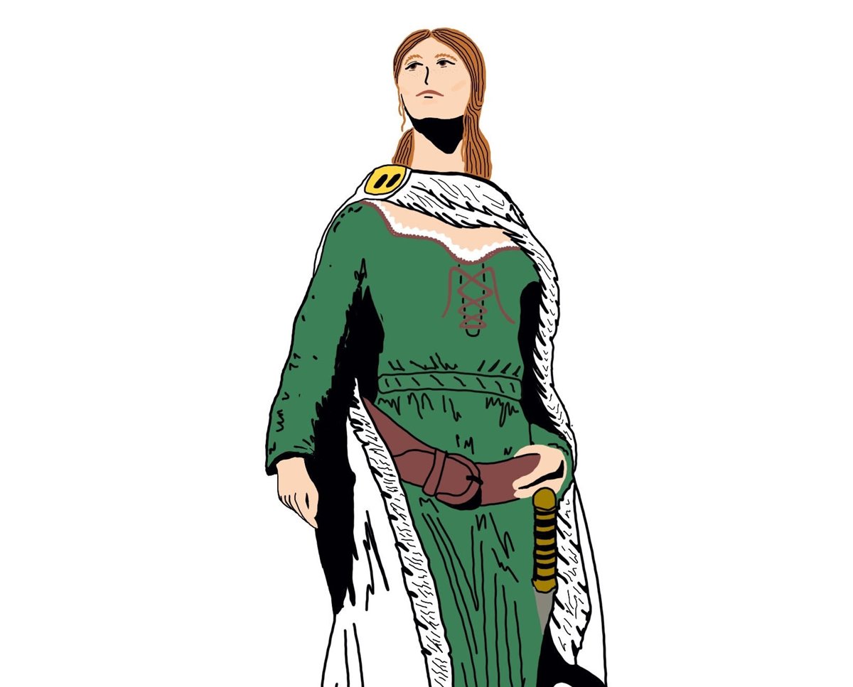article thumb - Illustration of the female pirate Grace O'Malley. A young woman with long hair, wearing a green dress and cloak with a sword at her waist