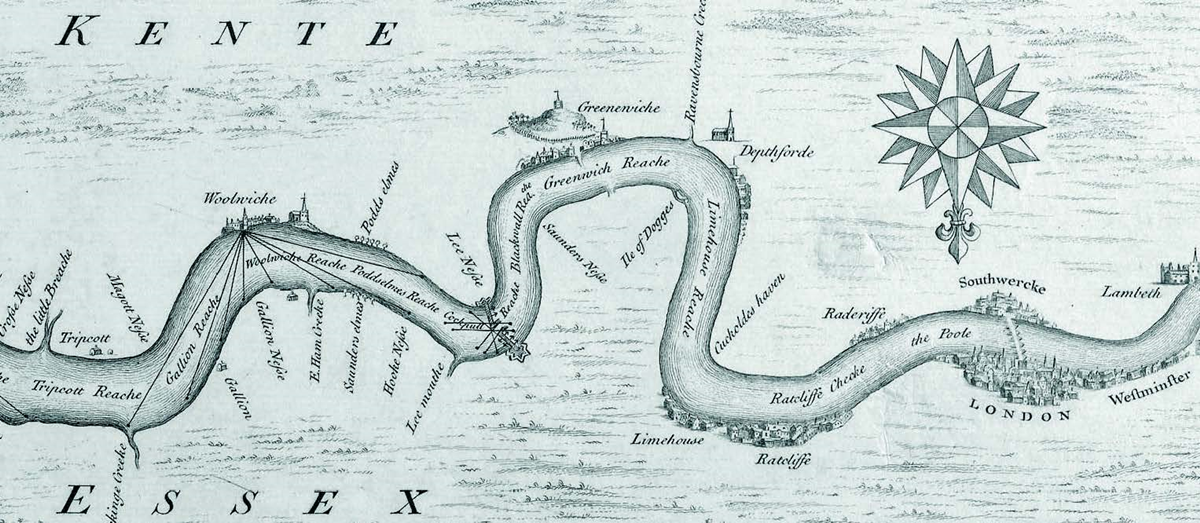 Map of the Thames c.1620 showing Rotherhithe peninsula 