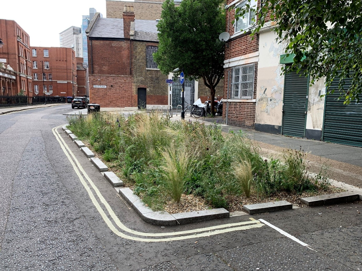 The rain garden at the junction of Snowsfields Road and Melior Place