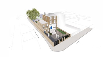 A picture of of a refurbished council owned semi terraced building, with a modernised side extension and garden space