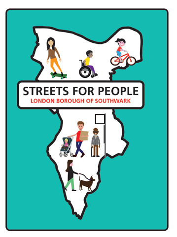 Streets for People - Southwark map with widened pavement making things helpful for skateboarders, people with pushchairs, people in wheelchairs, people at bus stop who are blind or partially sighted