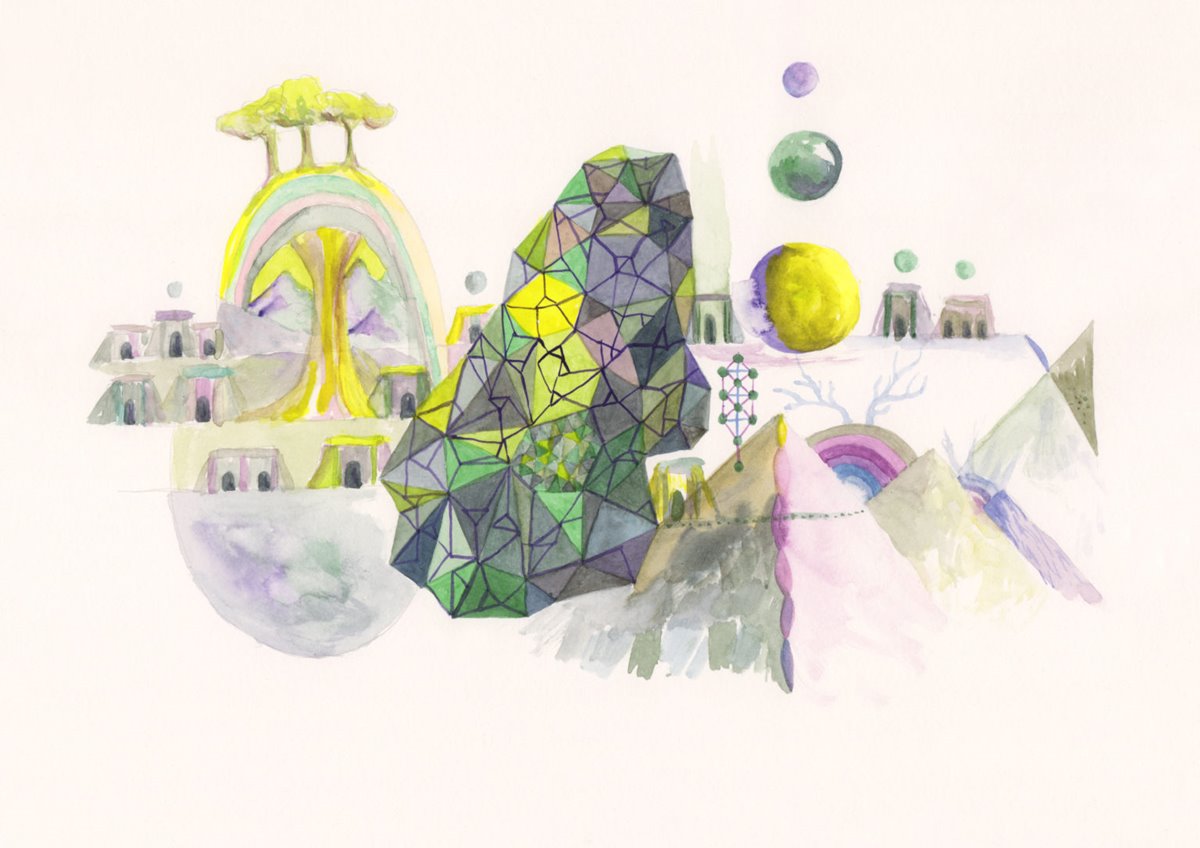 article thumb - Suzanne Treister, TECHNOSHAMANIC SYSTEMS/Earth Eco Systems and Architectures/Rockface Green Crystal Night Homestead, 2021, watercolour on paper, 21 x 29.7 cm.  Courtesy the artist, Annely Juda Fine Ar