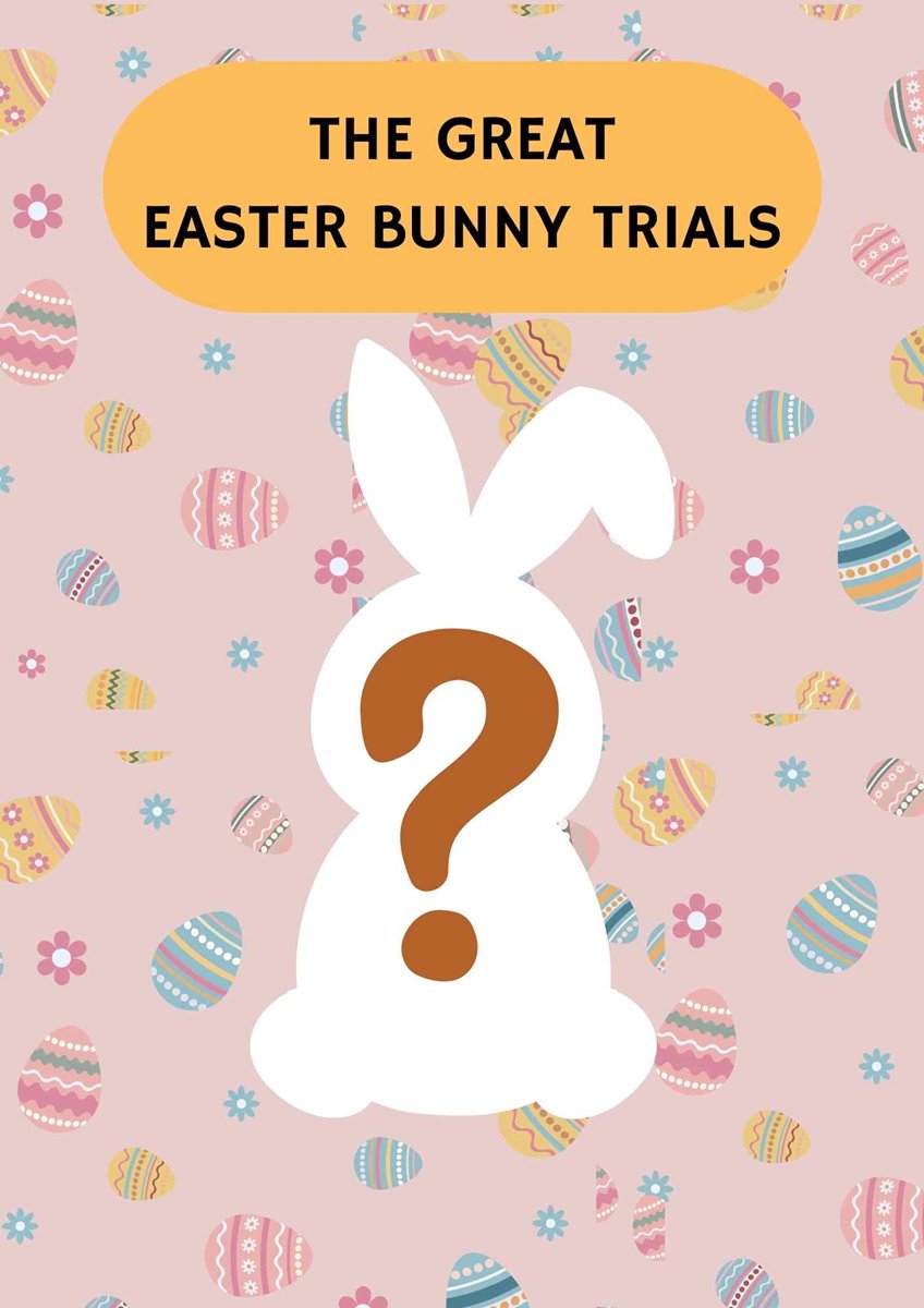 article thumb - A white shape of a rabbit, with a brown question mark in the centre, against a pink backdrop with many different colour and pattern Easter eggs. The Great Easter Bunny Trails is in an orange bubble at