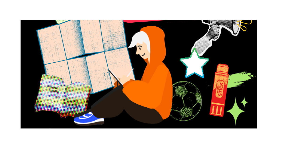 article thumb - A teen boy in an orange hoodie sits and sketches surrounded by arty symbols