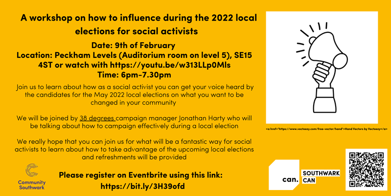 CAN (Community Action Network) how to influence during 2022 local elections workshop poster