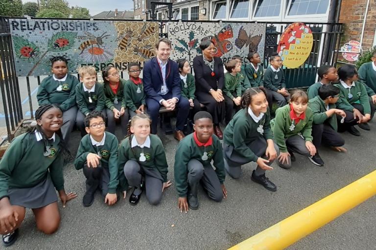 Cllr James McAsh with pupils and teachers from Hollydale School
