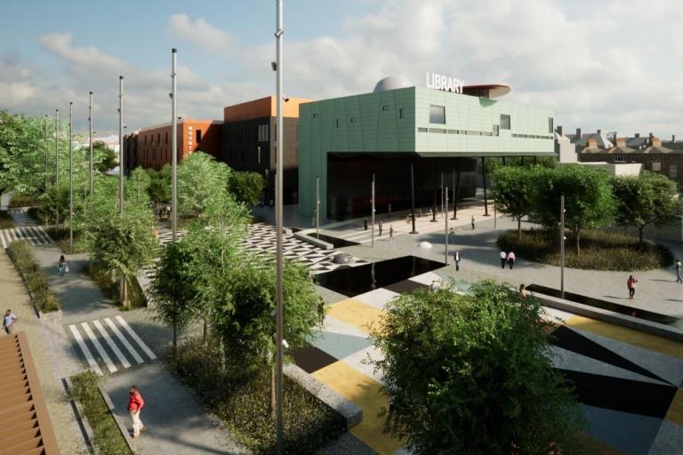 Computer generated view of Peckham Square with new landscaping and paving. Peckham library in the background.