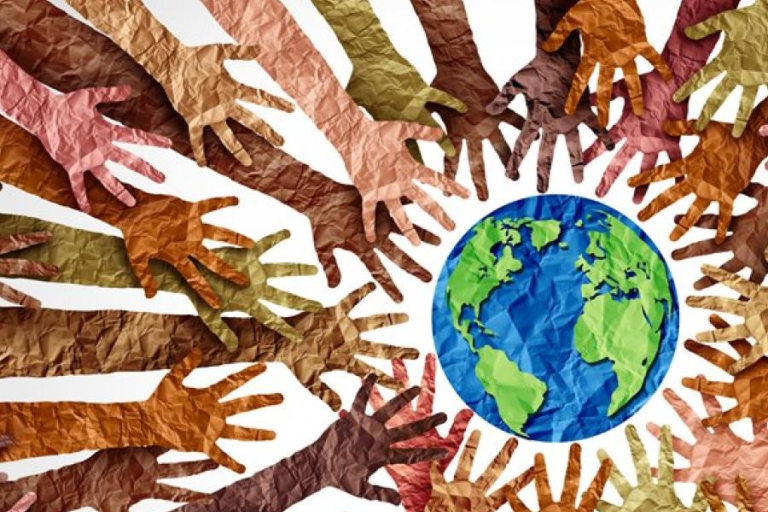 Illustration of hands reaching out to the world