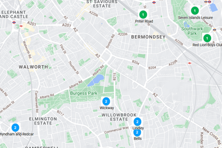 Map of pipeline site locations in Southwark borough