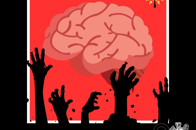 A brain and zombie hands