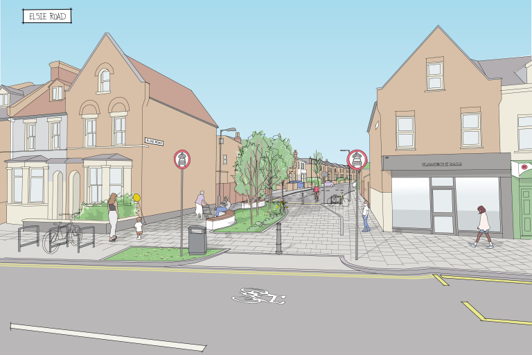 Pedestrians travelling through Elsie Road past new widened pavements and landscaping