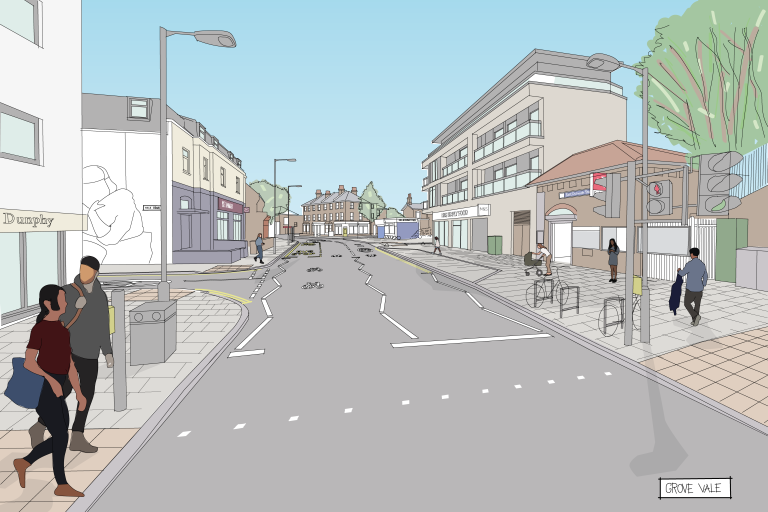 Pedestrians travelling through Grove Vale past new widened pavements and landscaping