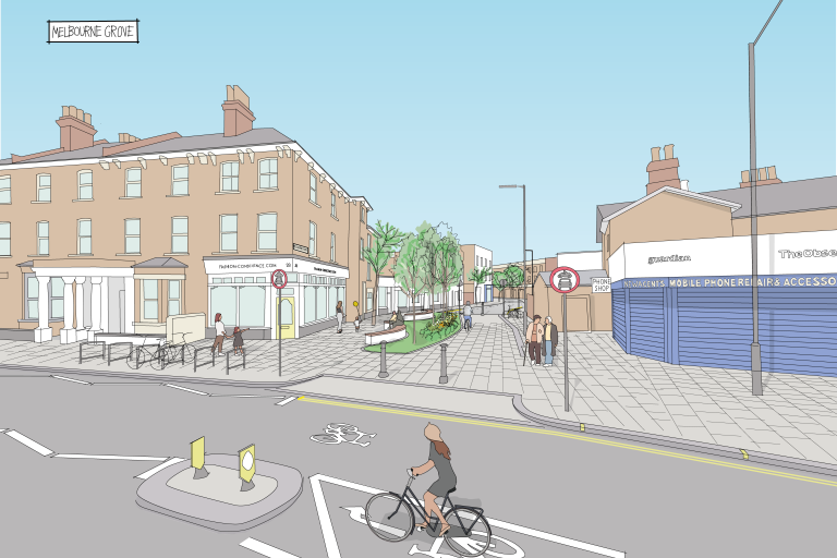 Pedestrians travelling through Melbourne Grove past new widened pavements and landscaping