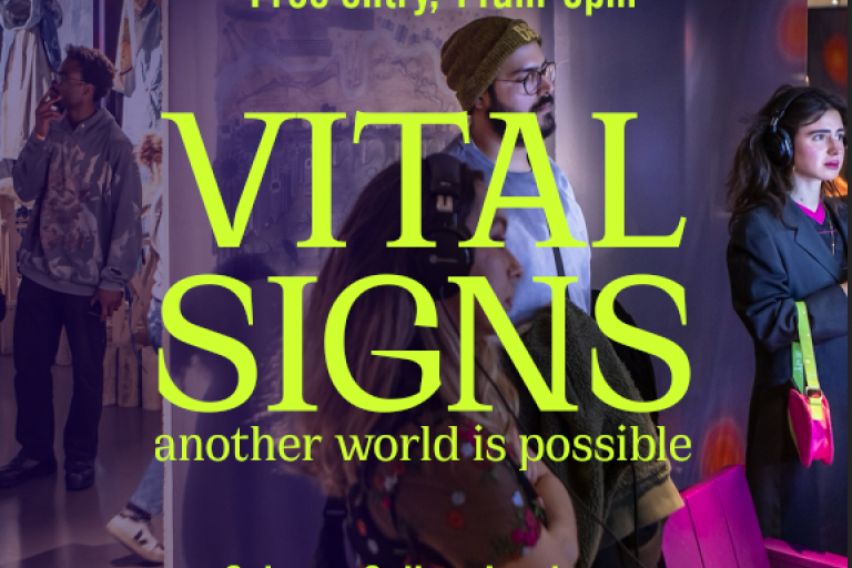 Vital Signs another world is possible, text over image of 2 people in Science Gallery London exhibition