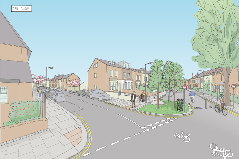 Pedestrians travelling through Tell Grove past new widened pavements and landscaping