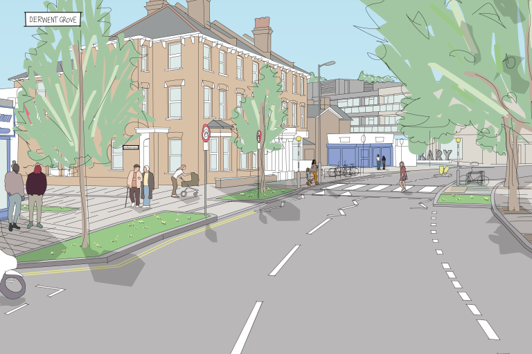 Pedestrians travelling through Derwent Grove past new widened pavements and landscaping