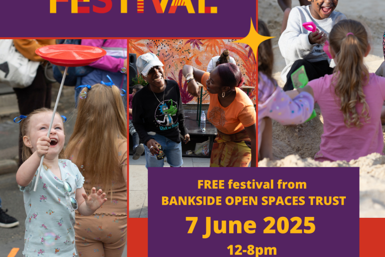  A promotional poster for the Bankside Open Spaces Festival. The top section features the event name in bold colorful text: "BANKSIDE OPEN SPACES FESTIVAL" on a purple background. Below are three vibrant photos: a young girl joyfully spinning a plate, two adults laughing together in front of a colorful mural, and children playing in a sandpit—one with face paint smiling brightly. The bottom section includes event details in yellow text on a purple and red background