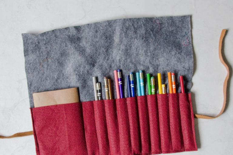 Red Felt Pencil case with pencils inside