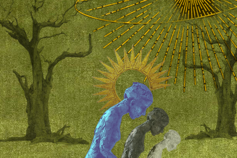 Green colouring, shining sun and trees creates forest background with angels in the foreground. 