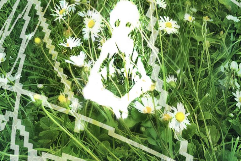 a white figure in the middle of the grass like background with text spelling “into the temporary void” at the bottom