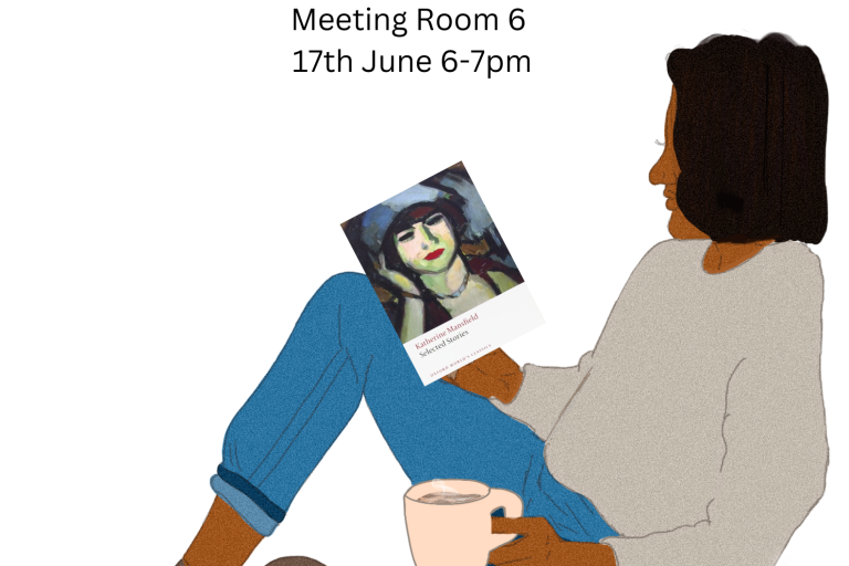 A poster with an image of a woman reading a book by Katherine Mansfield. 