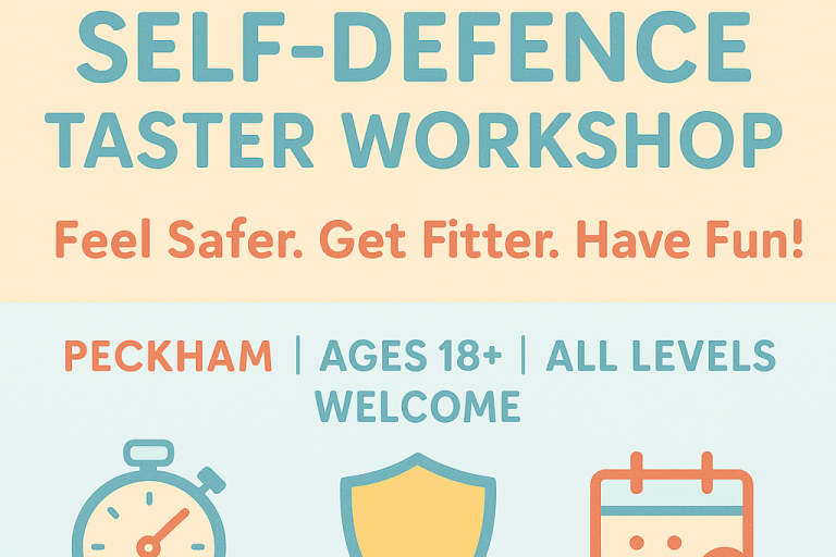 Flyer for a Free Krav Maga Self-Defence Taster Workshop. Bold text reads: “Feel Safer. Get Fitter. Have Fun!” Location: Peckham. For ages 18 and up, all levels welcome. Includes icons for time, safety, and calendar. The word “Monthly” is featured at the bottom.