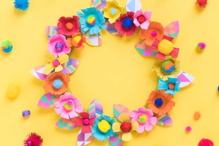 Yellow background with colourful flower wreath