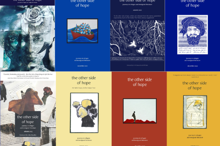A selection of covers of the literary magazine 'The Other Side of Hope'. Each is on a bold colour background with an illustration central to the design - faces, ships, houses and birds all appear.  