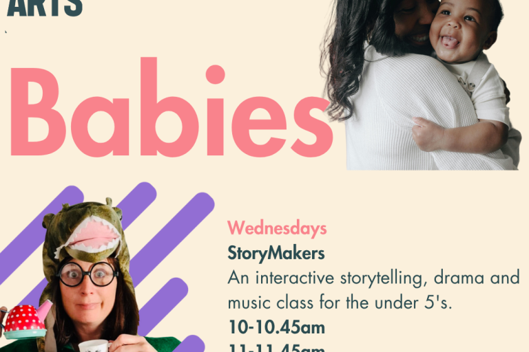 A woman in a frog hat sips a cup of tea with a unusal look on her face, the word Babies and a picture of a happy baby being held.