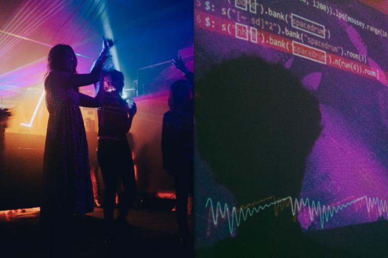 A composite image. On the left, silhouettes of people dancing in a club with laser lights. On the right, computer code is displayed on a purple background with sound waves.