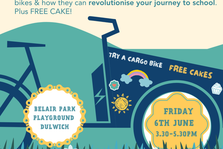 A cargo bike in the park with the caption "cargos and cakes"