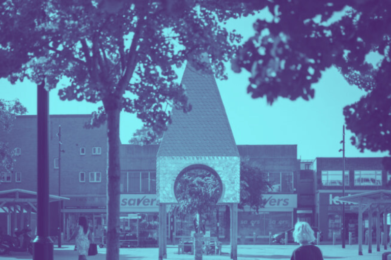 Image of the clocktower in Bermondsey with a blue wash 