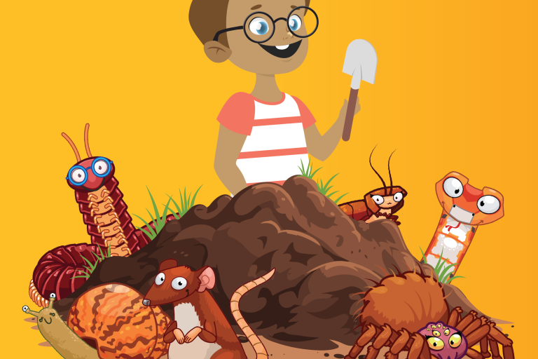 Boy with shovel beside cartoon underground animals and insects.
