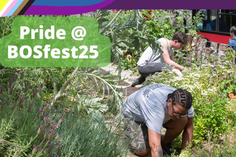 A promotional image for Inclsion House showing the Progress Pride flag, the BOSfest logo and text saying Pride @ BOSFest25. An image shows people gardening in meadow style planting in a London park. 