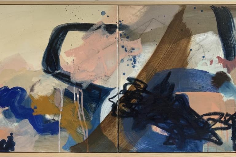 Abstract painting featuring bold blue, brown, pink, and beige brushstrokes with dynamic lines and splatters on a divided canvas.