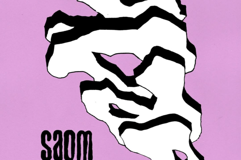 Pink background with white blocky blobs. SAOM logo and event details in bottom left corner (same as event description).