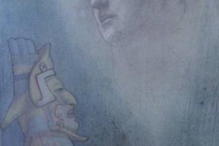 Artwork depicting a portrait of a person (head only) looking off into the distance. The portrait appears like a haze. There is a small figure with a Roman-like head piece and wearing armour-like clothing, in a seated position on the bottom left hand corner of the image. There is a blue tinge to the whole image.
