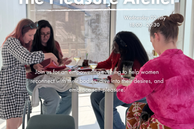 The Pleasure Atelier - event details. Women siting together in image. 