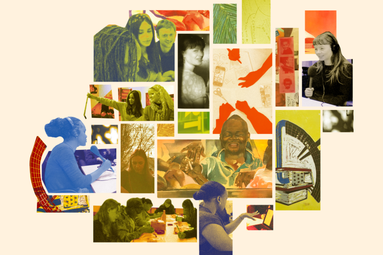 A collage of young people doing creative activities. 