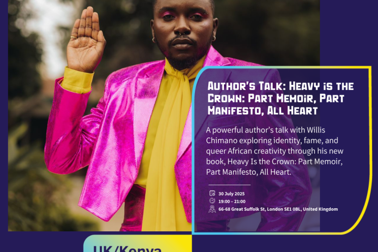 Event partners are listed on the top section of the image. Willis Chimano (artist) is wearing a pink suit with a yellow blouse with his right hand raised up. Event description is on the right hand side of the image.