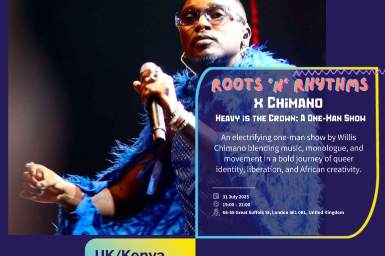 Event partners are listed on the top section of the image. Willis Chimano (artist) is wearing a blue outfit and holding a mic in his left hand. Event description is on the right hand side of the image.