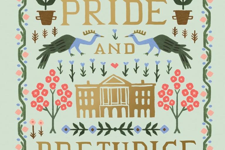 An image of a book cover of Jane Austen's 'Pride and Prejudice'. The design has a 'sampler'-type symmetrical style although it appears painted, and features flowers and peacocks.