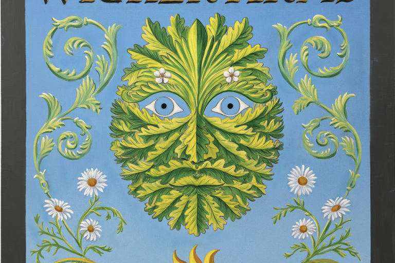 A green leafy face on a blue background, surrounded by flowers and the words THE WICKER ARMS