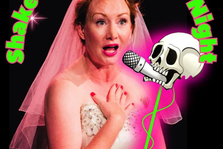 This is a poster for the event. It reads Shake-Scene Shakespeare's SHAKESPEARE KARAOKE NIGHT! And features a blond woman dressed as a bride intent to talk into a microphone help by a comic book skull on a stand. The colour palette is neon pink and neon green on black.