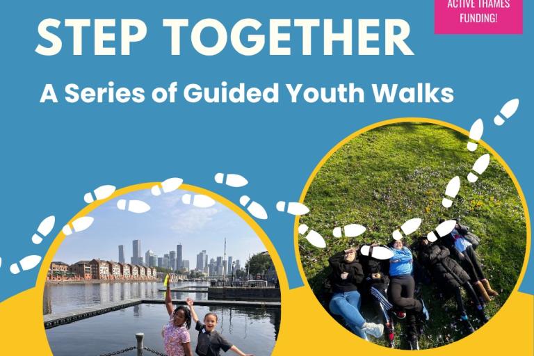 Blue and yellow flyer reading: "Step Together: A Series of Summer Youth Walks"