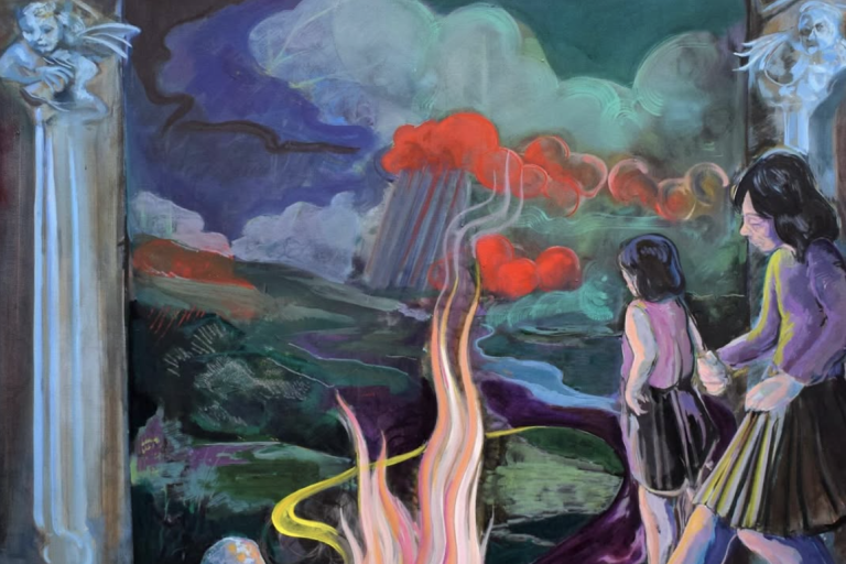 A busy painting with two figures on the right hand side. They stand under a Greek-style arch and next to a pink fire. Behind them are clouds of dark greens, purples and blues, with a flash of bright red.
