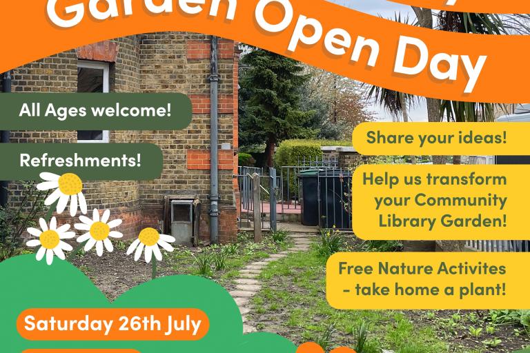 poster for Nunhead Library Garden Open Day on 26 July 2025