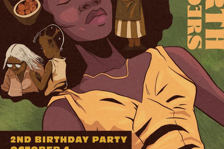 Illustration of a black woman with afro laying down and resting, an image of a black woman holding fruit smiling, an image of a black woman with a basked on her head, an image of a child braiding an older woman hair. The image includes text with details about the event
