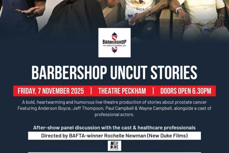 Flyer showcasing four men in a barbershop 