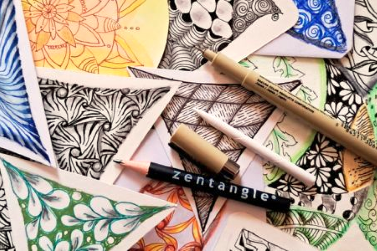 Picture of small patterns using the Zentangle Method of drawing with a pen, pencil and tortillon